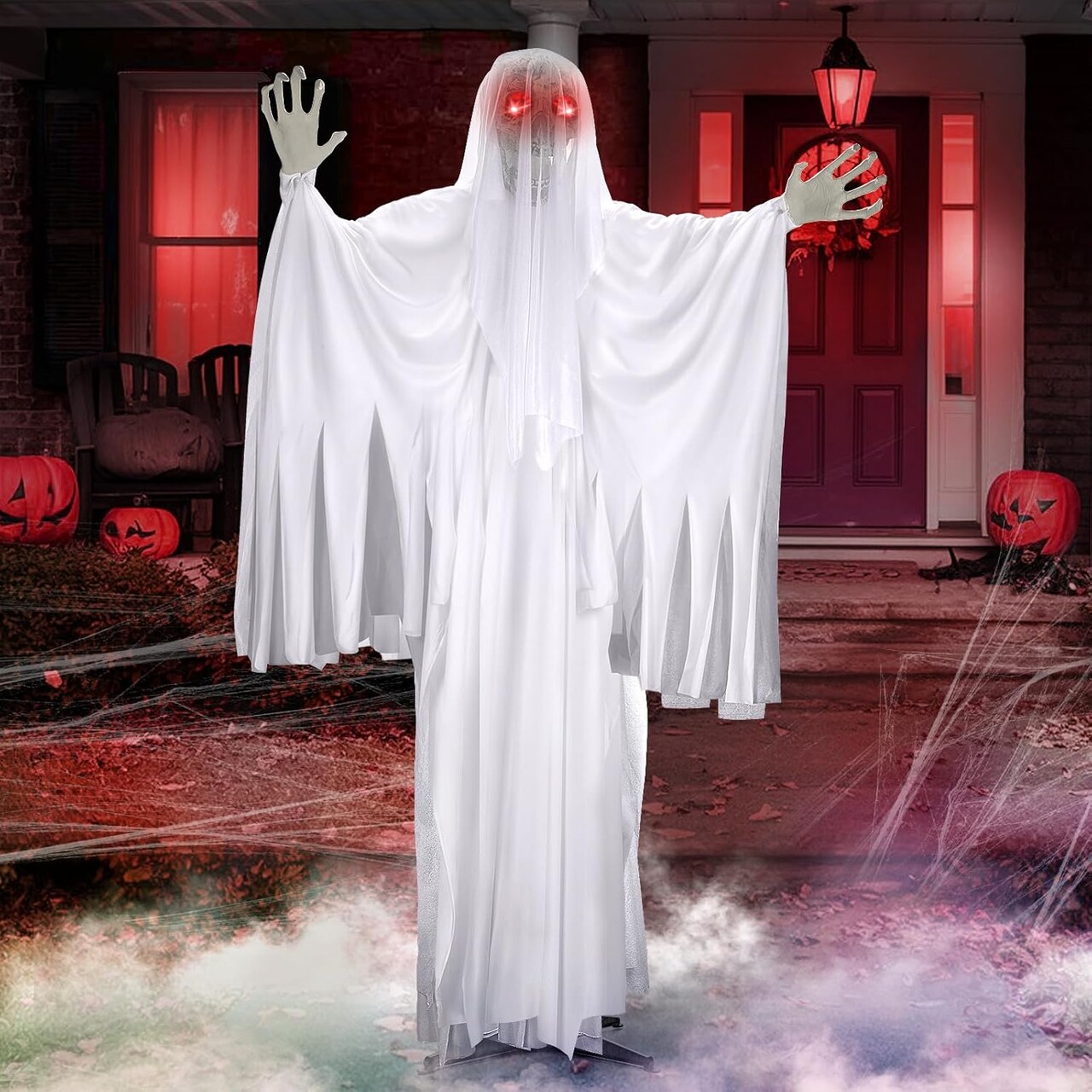 67" Halloween Decorations Outdoor, Life Size Animatronics Skeleton Ghost Decor with LED Light & Creepy Sound & Shoulder Swing, Halloween Party Haunted House Props for Garden Yard Lawn Outsides Indoor